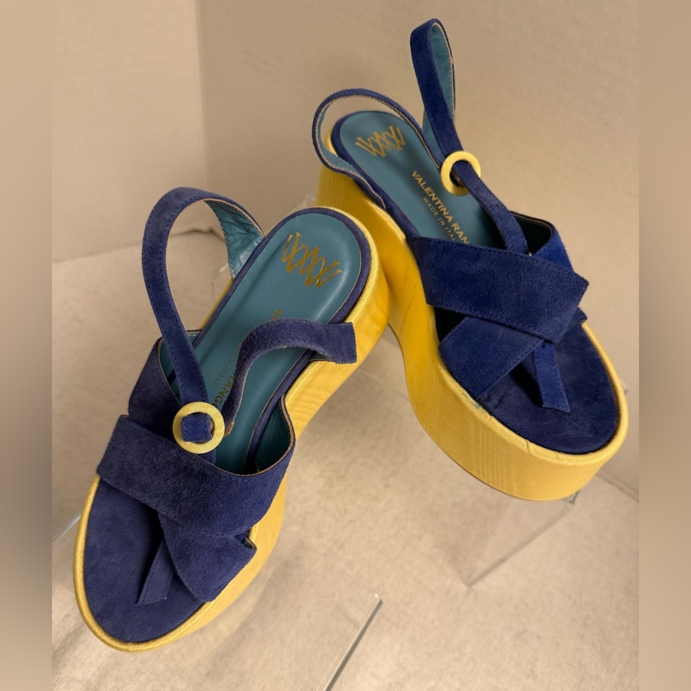 Valentina Rangoni Platform Sandals Italian Designer Cobalt Blue & Gold Size 7 - Picture 5 of 10